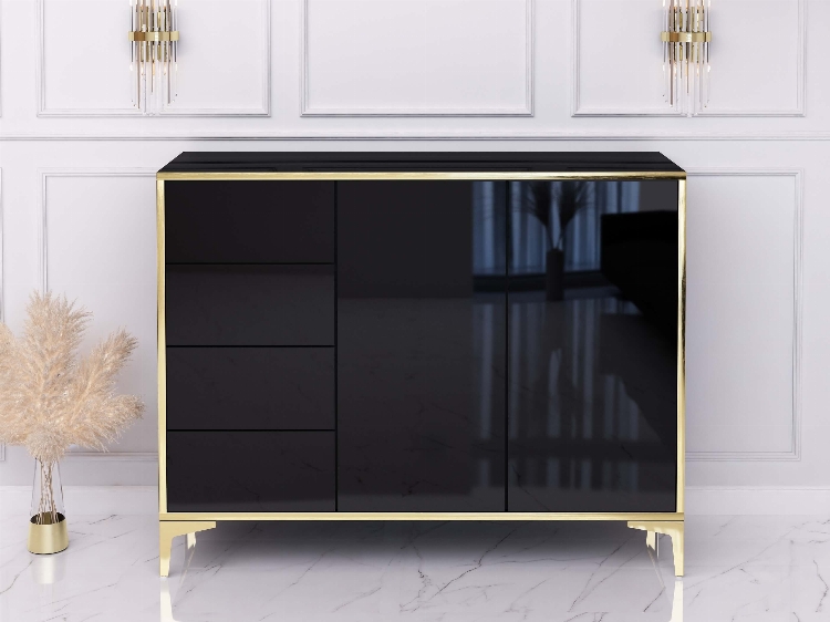 Commode Buffet Monako 118cm Noir brillant avec pattes dorées