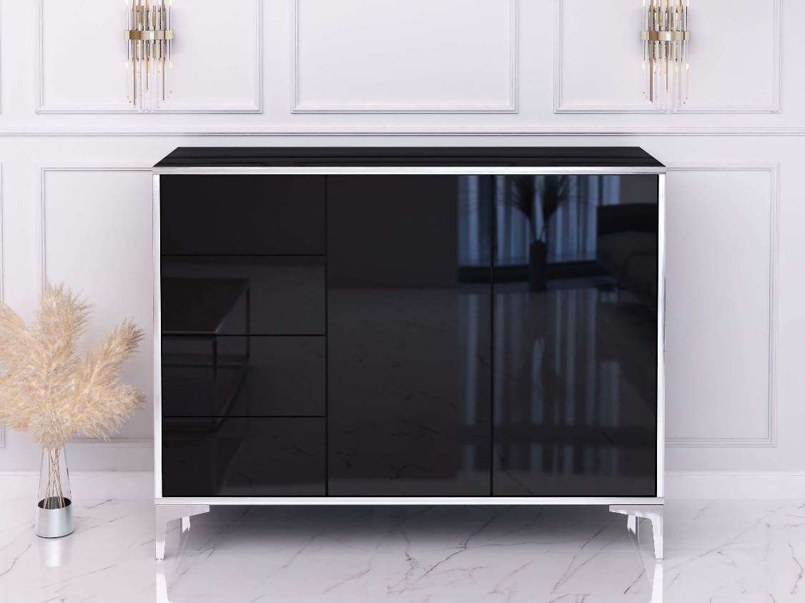 Commode Buffet Monako 118cm Noir brillant avec pattes en argent