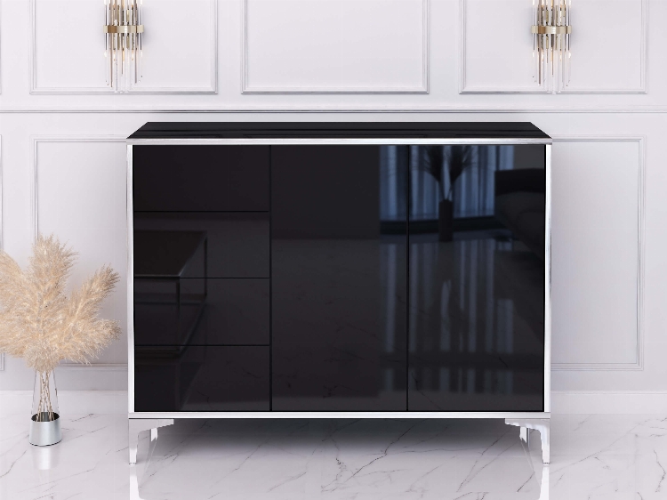 Commode Buffet Monako 118cm Noir brillant avec pattes en argent
