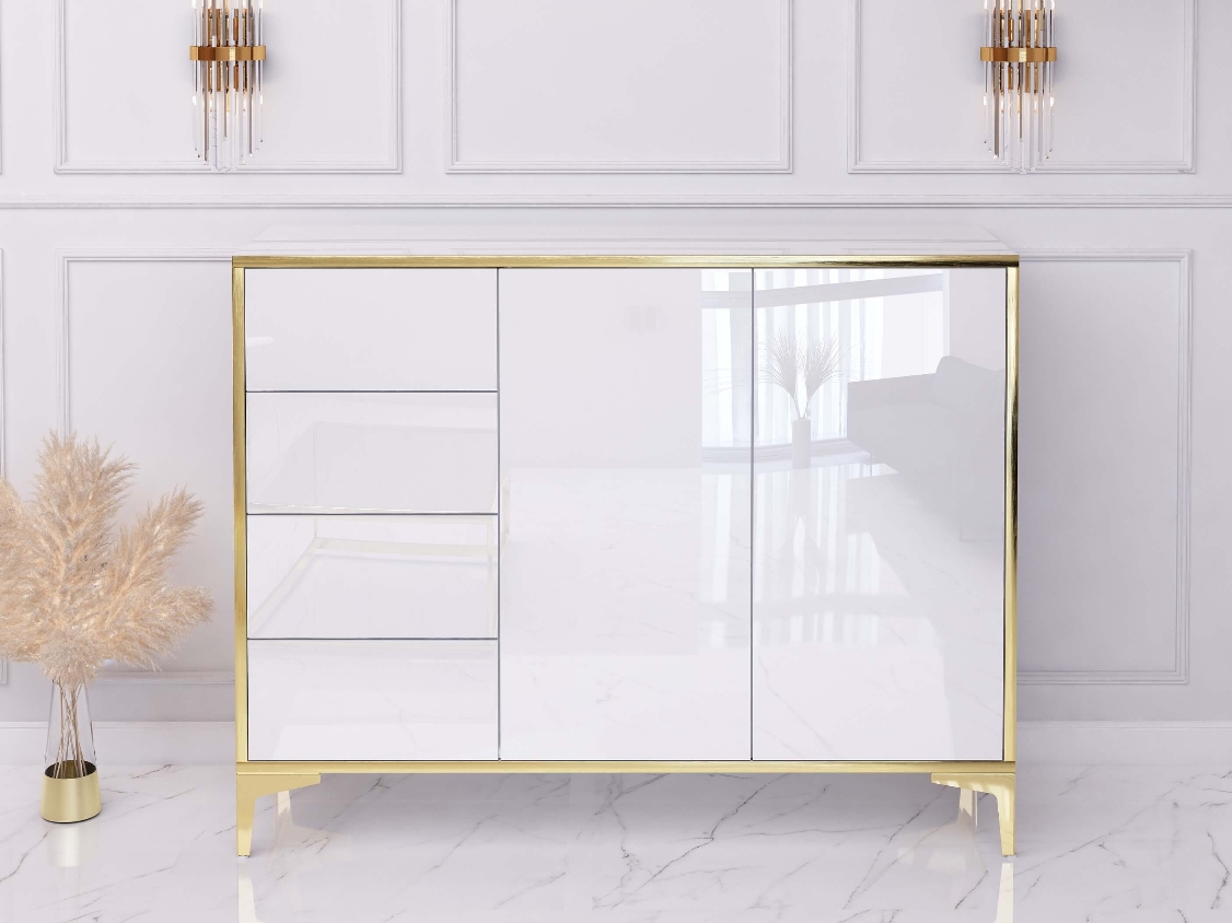 Commode Buffet Monako 118cm Blanc brillant avec pattes dorées