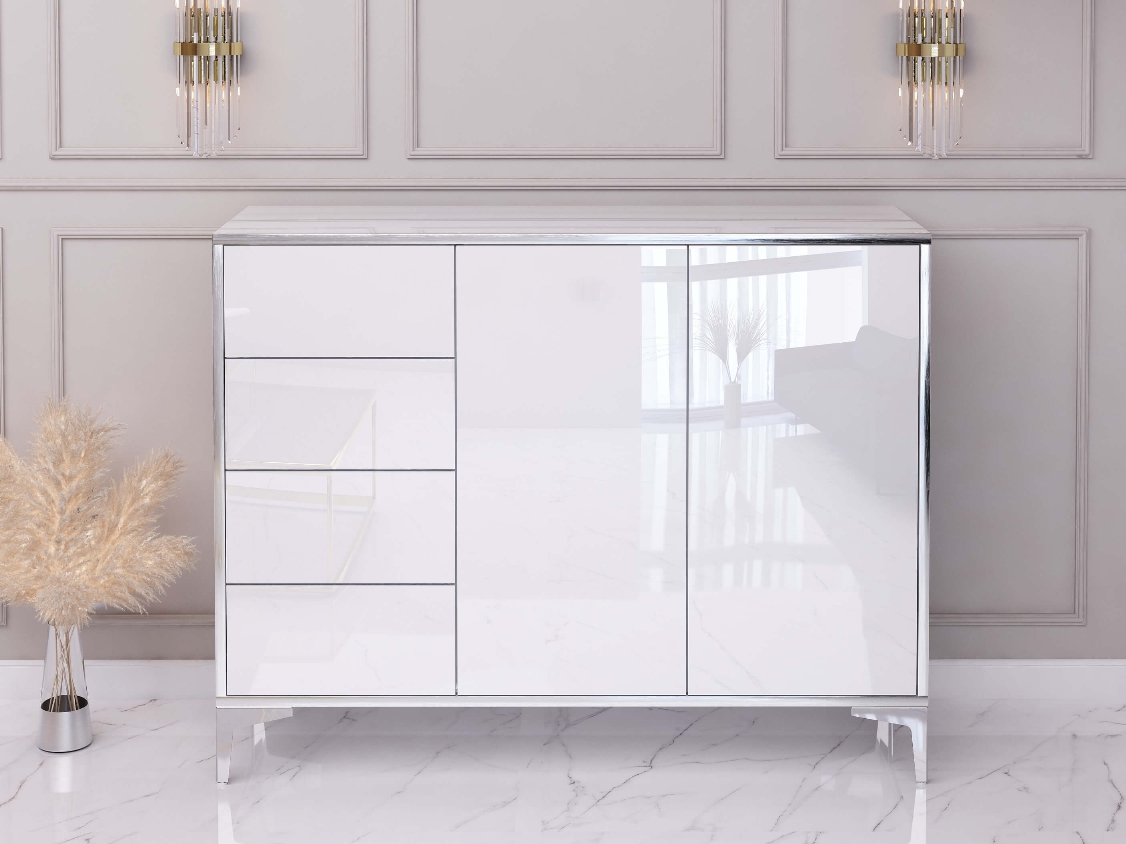 Commode Buffet Monako 118cm Blanc brillant avec pattes en argent