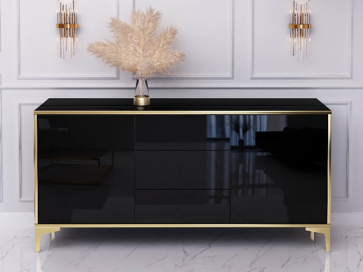 Commode Buffet Monako 154cm Noir brillant avec pattes dorées