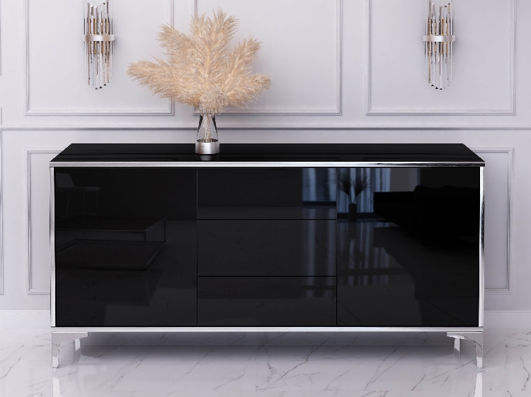 Commode Buffet Monako 154cm Noir brillant avec pattes en argent