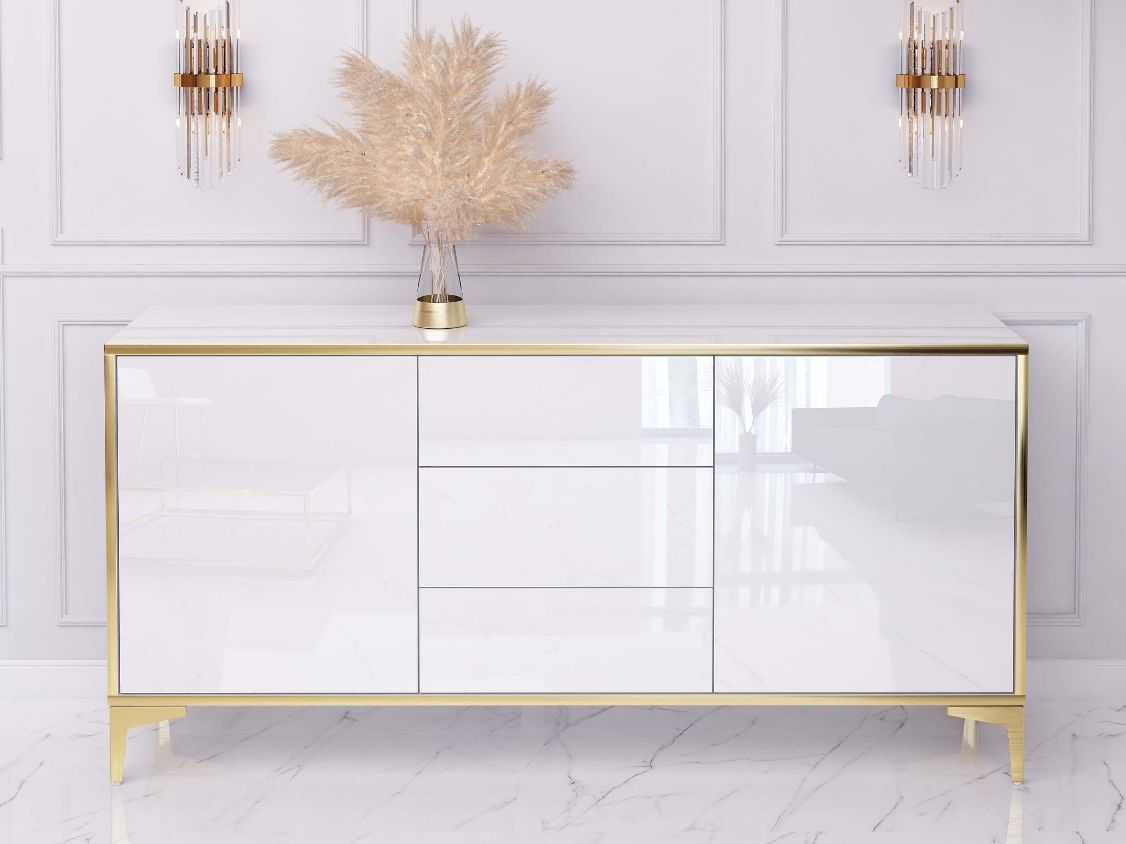 Commode Buffet Monako 154cm Blanc brillant avec pattes dorées