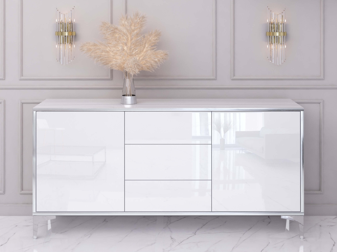 Commode Buffet Monako 154cm Blanc brillant avec pattes en argent
