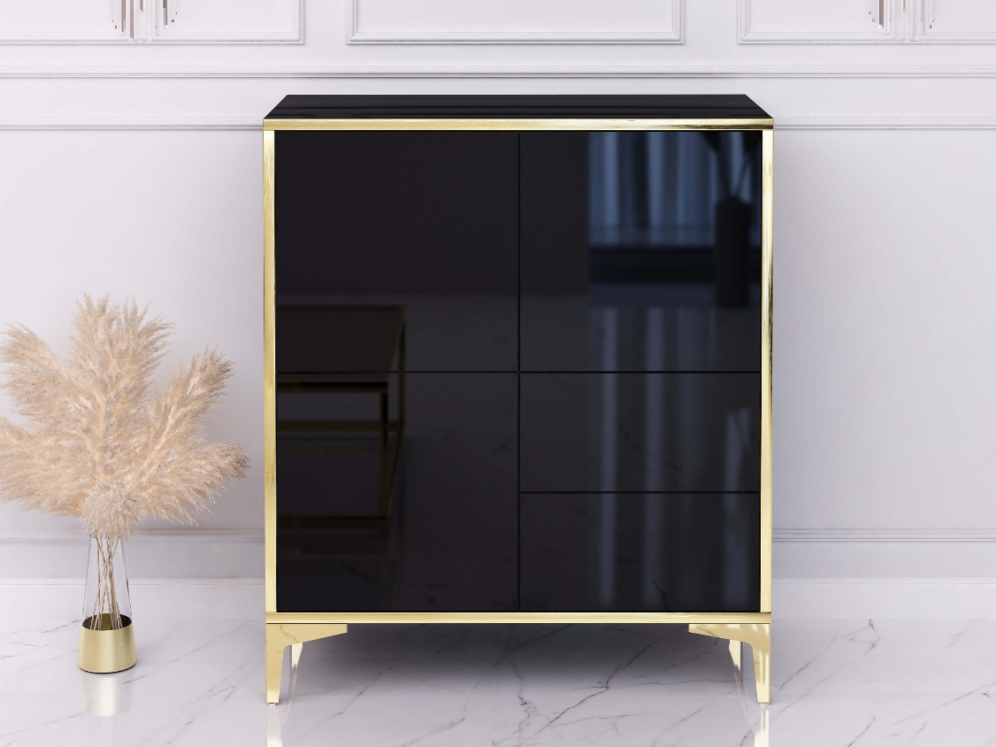 Commode Buffet Monako 80cm Noir brillant avec pattes dorées