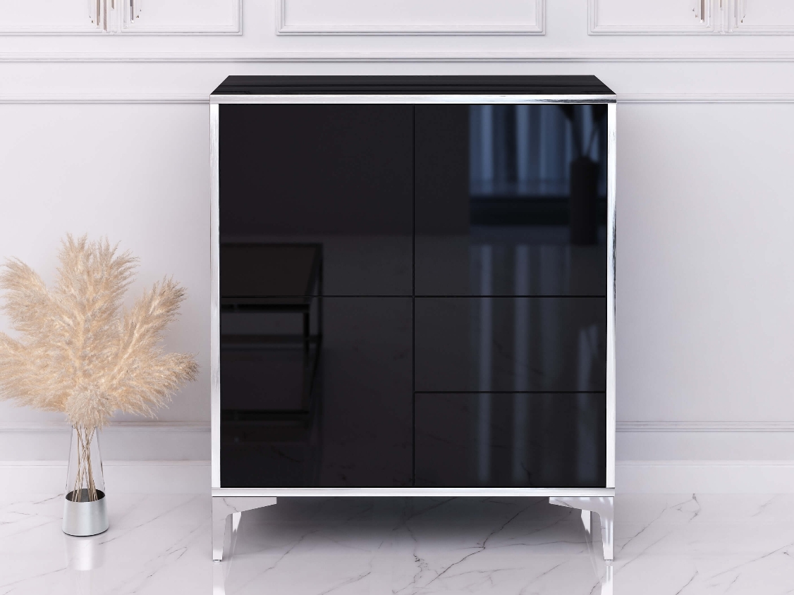 Commode Buffet Monako 80cm Noir brillant avec pattes en argent
