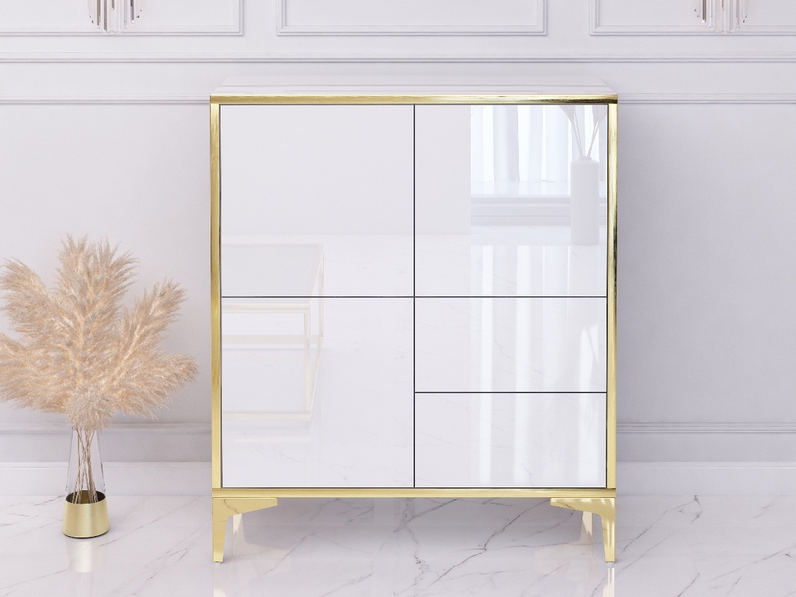Commode Buffet Monako 80cm Blanc brillant avec pattes dorées
