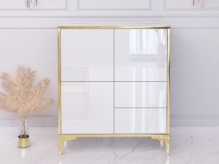 Commode Buffet Monako 80cm Blanc brillant avec pattes dorées