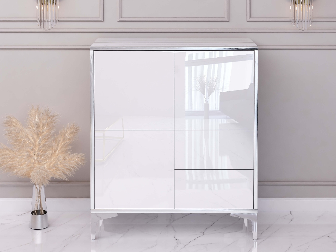 Commode Buffet Monako 80cm Blanc brillant avec pattes en argent