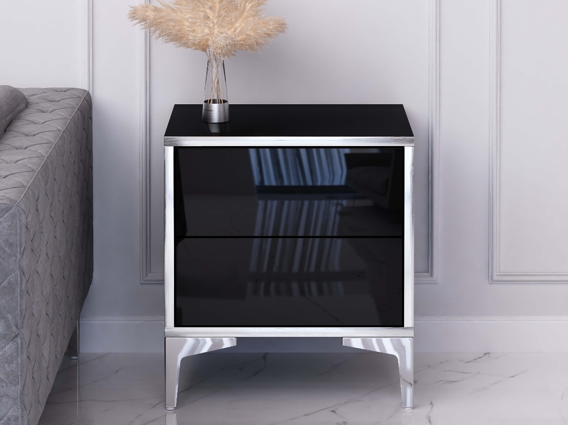 Table de Nuit Monako 45cm Noir brillant avec pattes en argent