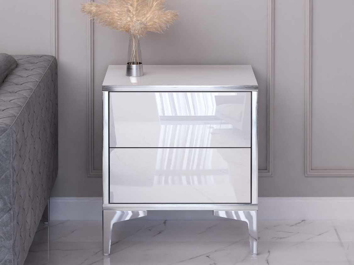 Table de Nuit Monako 45cm Blanc brillant avec pattes en argent