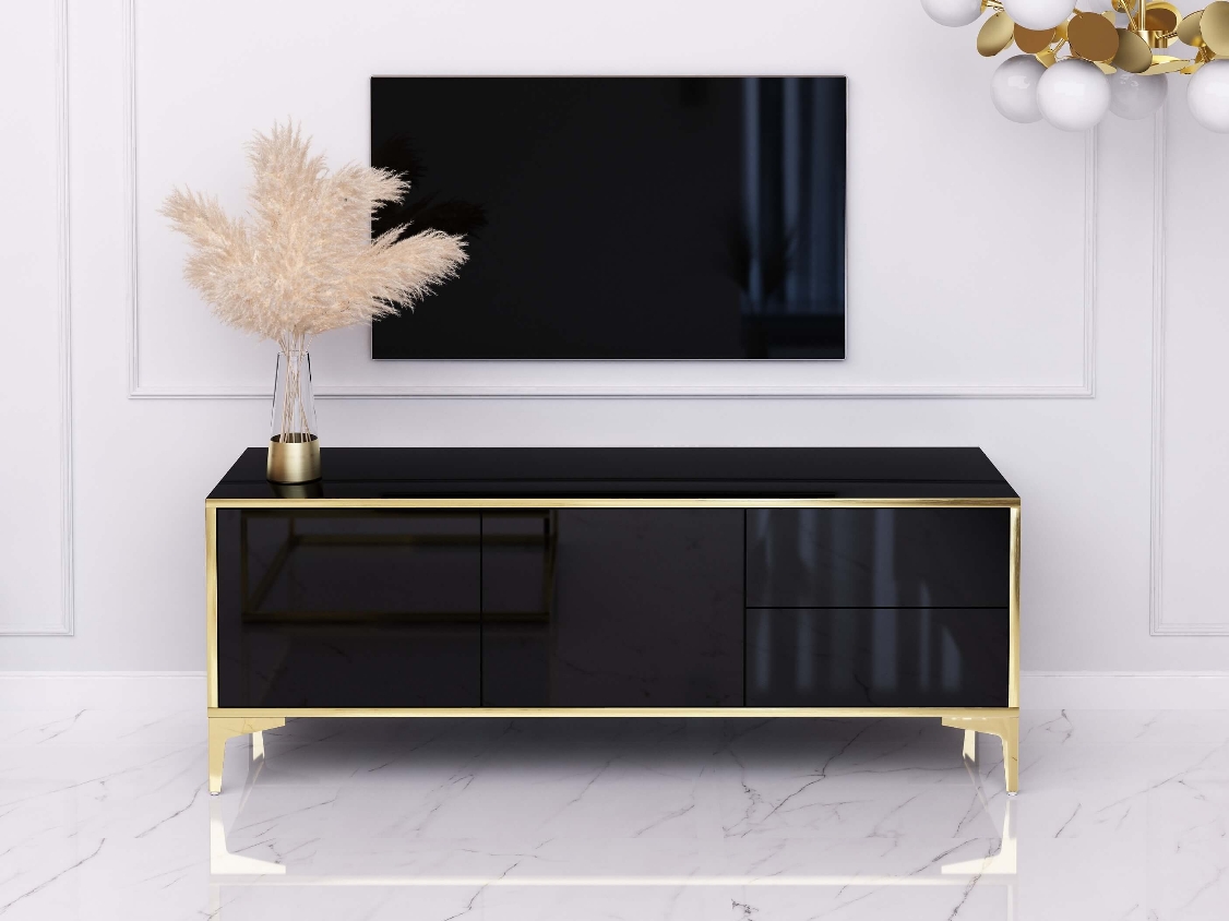 TV Cabinet Monako 136cm Noir brillant avec pattes dorées