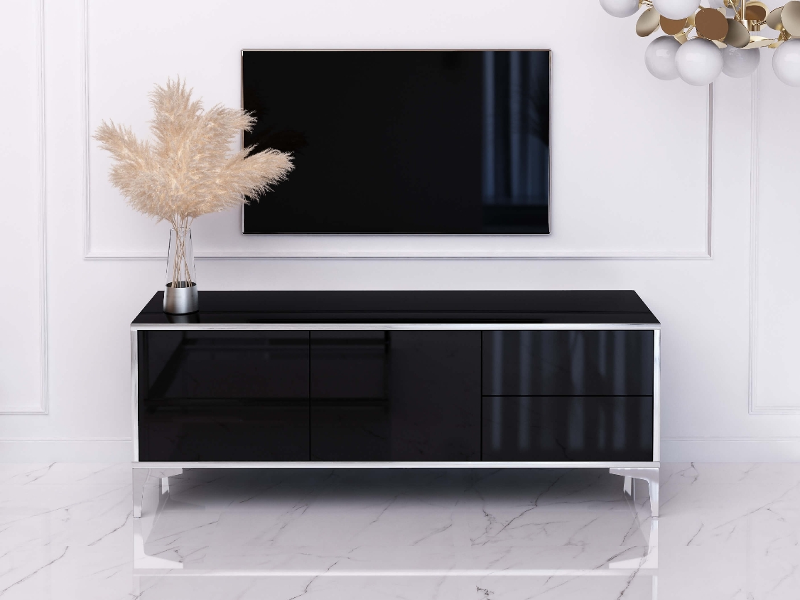 TV Cabinet Monako 136cm Noir brillant avec pattes en argent