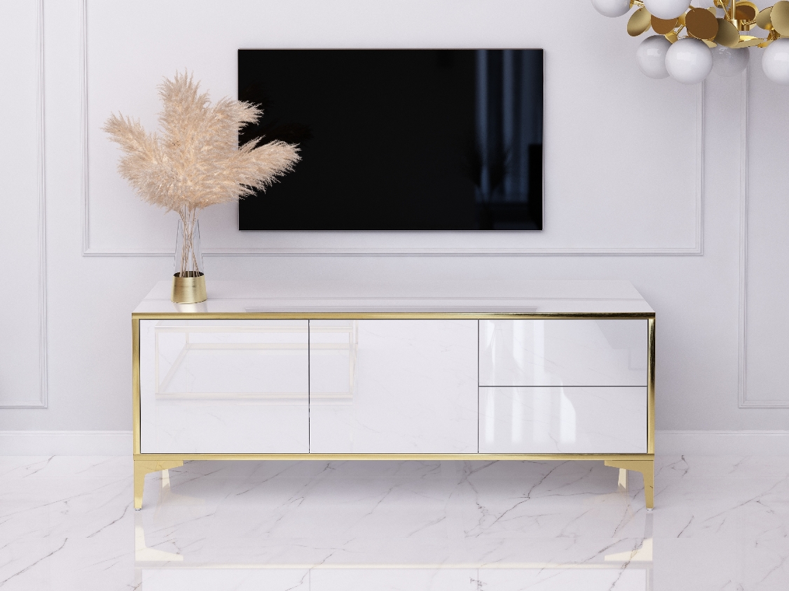 TV Cabinet Monako 136cm Blanc brillant avec pattes dorées