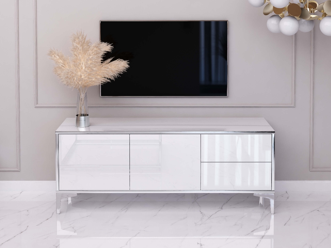 TV Cabinet Monako 136cm Blanc brillant avec pattes en argent