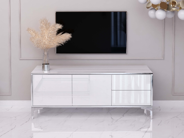 TV Cabinet Monako 136cm Blanc brillant avec pattes en argent