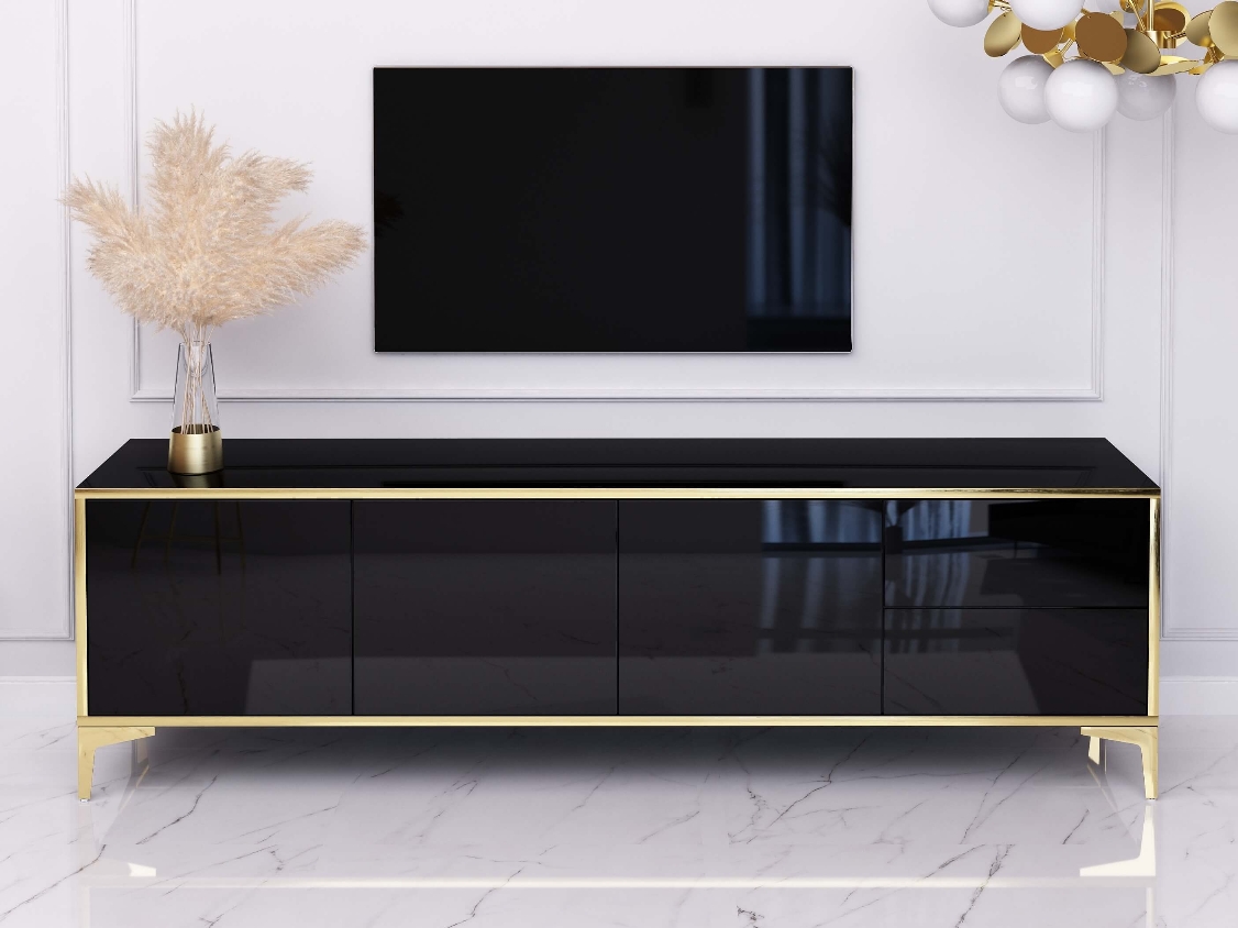 TV Cabinet Monako 180cm Noir brillant avec pattes dorées