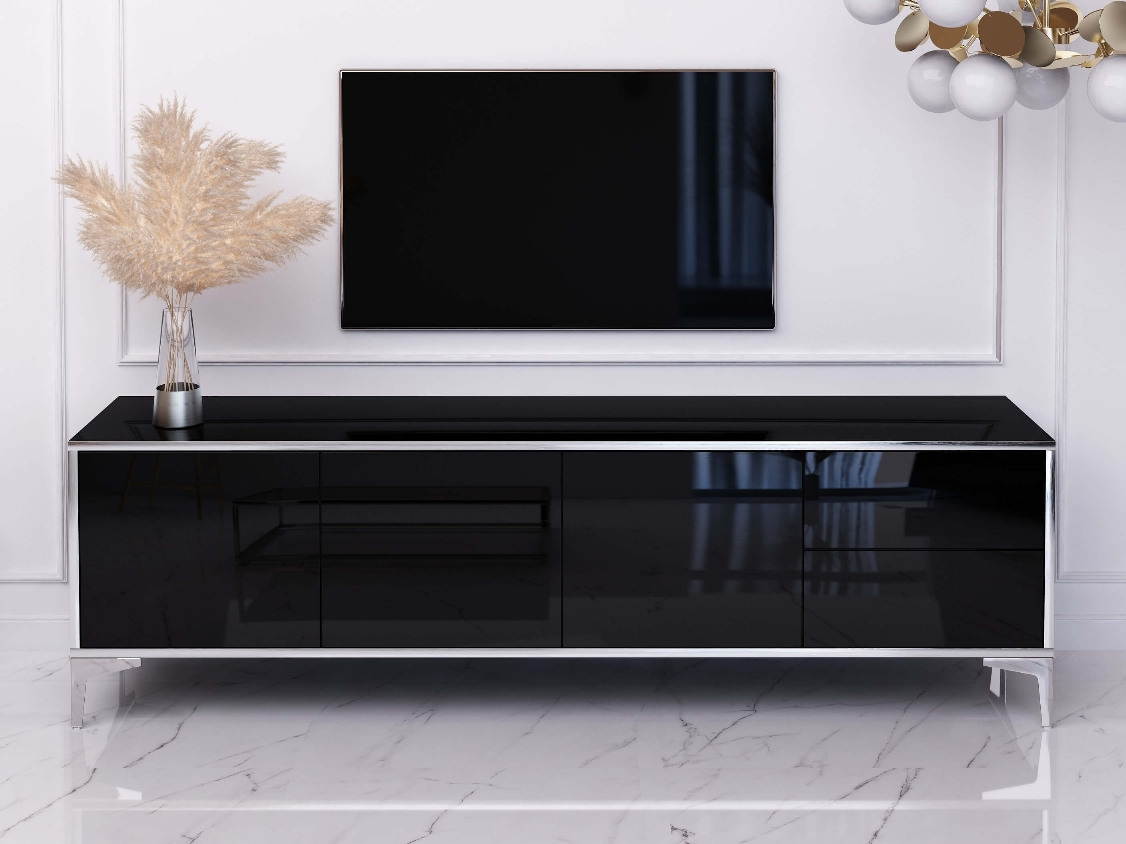 TV Cabinet Monako 180cm Noir brillant avec pattes en argent