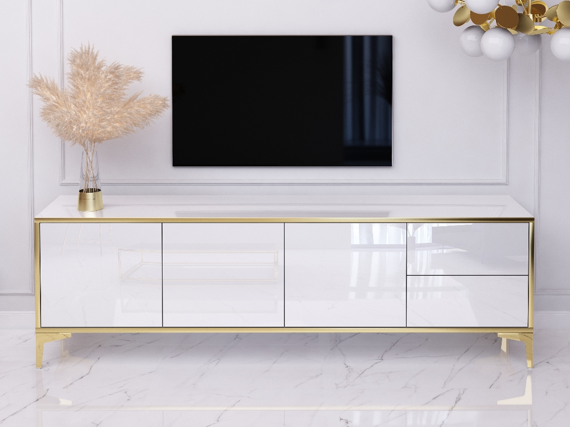 TV Cabinet Monako 180cm Blanc brillant avec pattes dorées