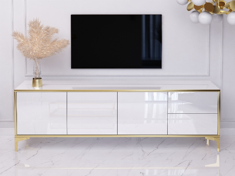 TV Cabinet Monako 180cm Blanc brillant avec pattes dorées