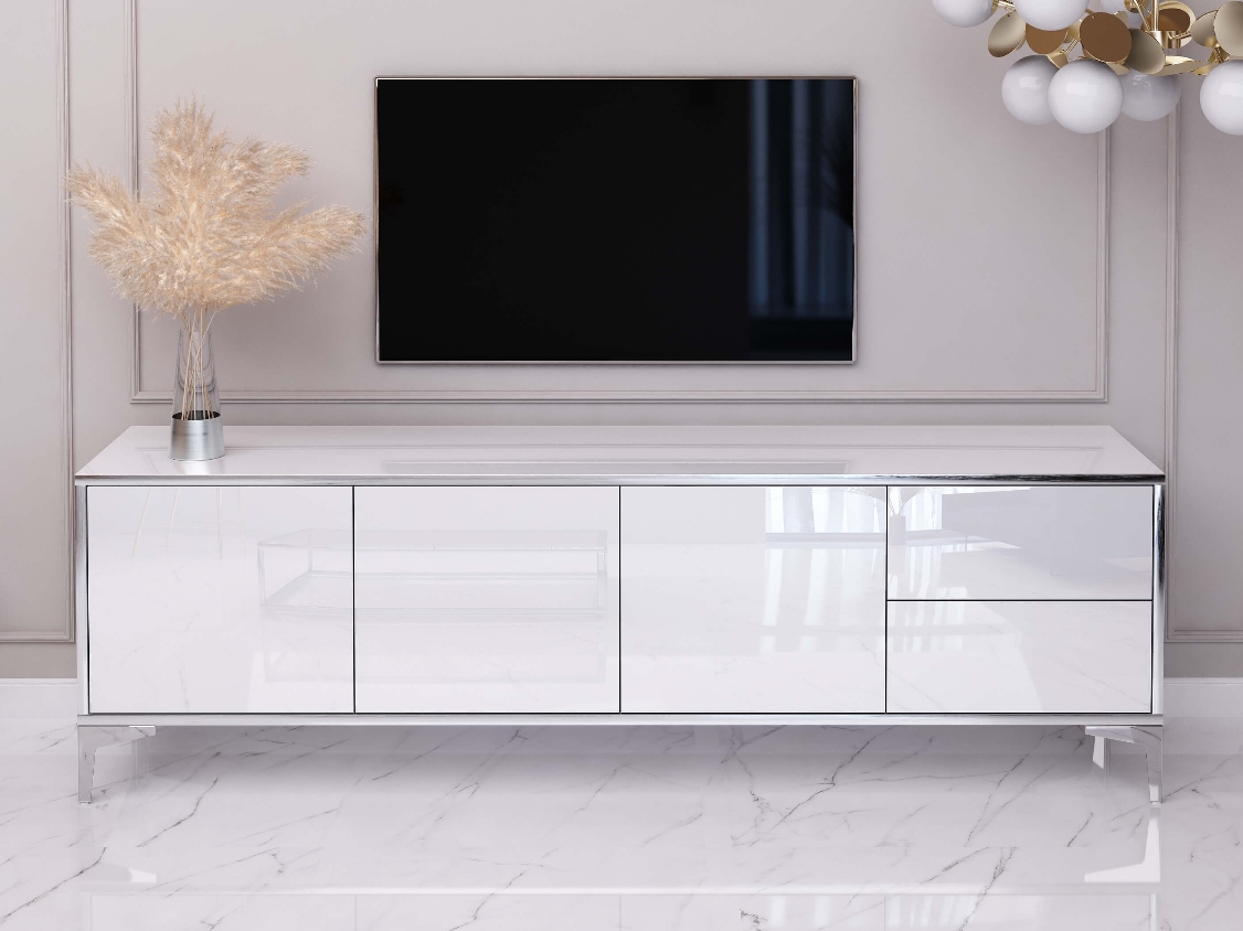 TV Cabinet Monako 180cm Blanc brillant avec pattes en argent