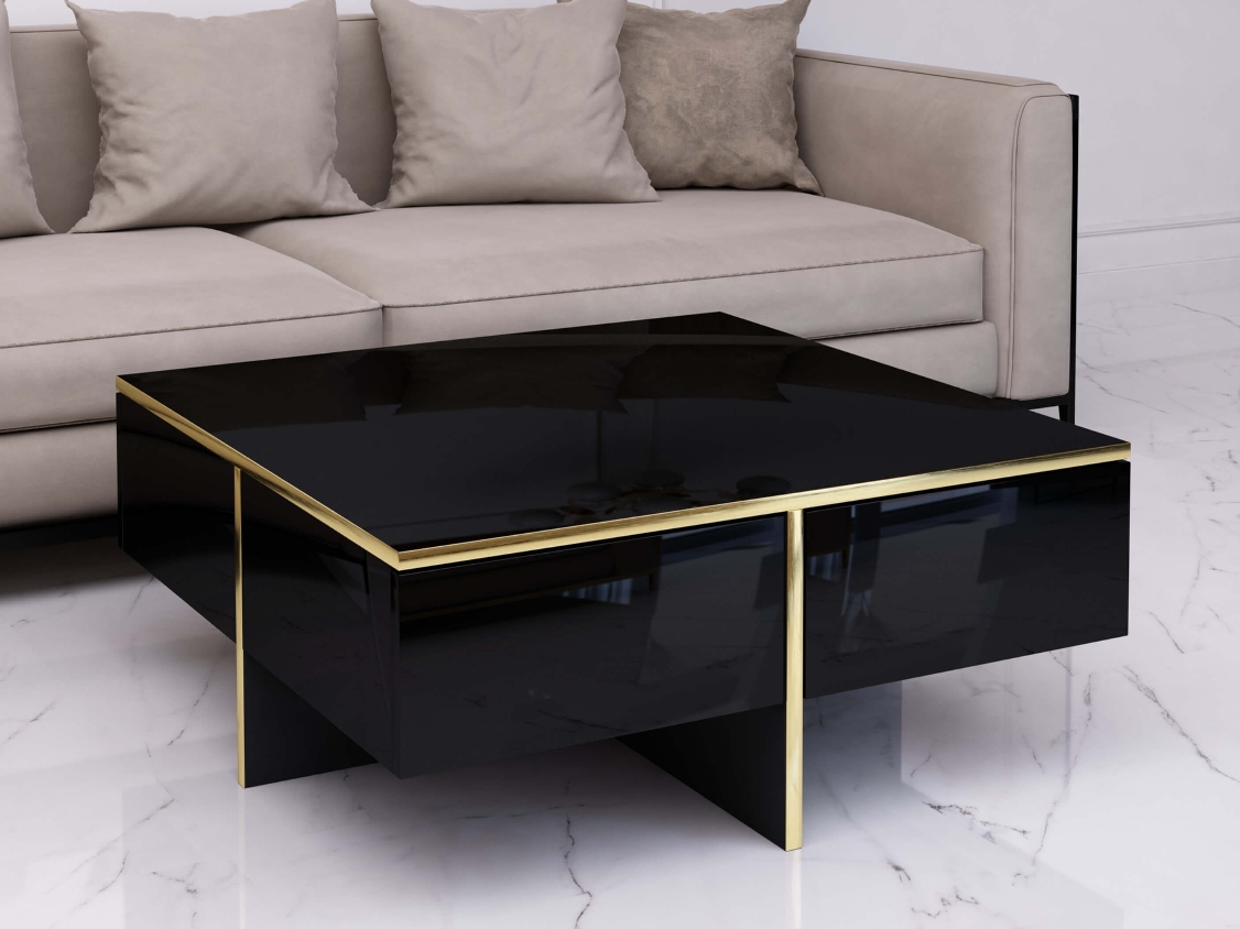 Table basse Monako 80cm Noir brillant avec pattes dorées