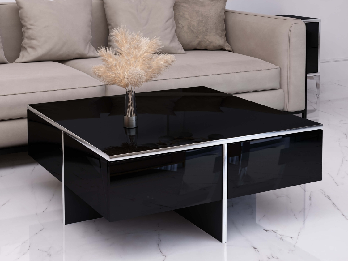 Table basse Monako 80cm Noir brillant avec pattes en argent