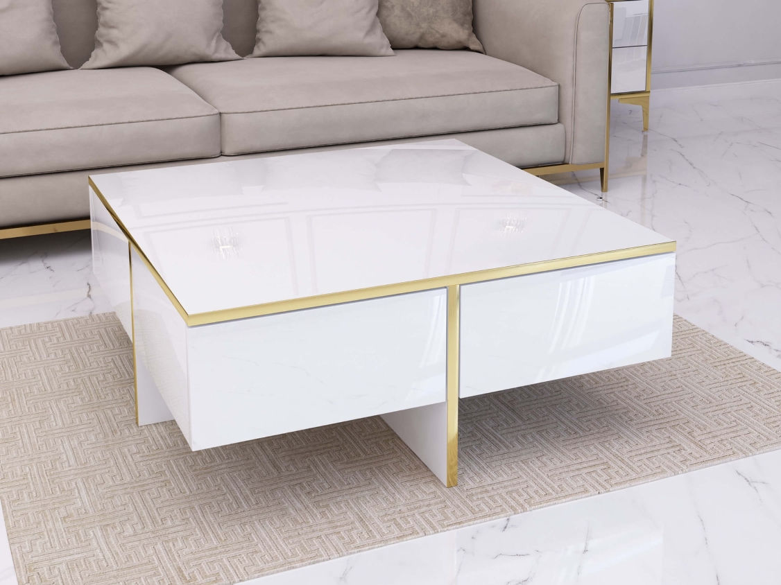 Table Basse Monako 80cm Blanc brillant avec pattes dorées