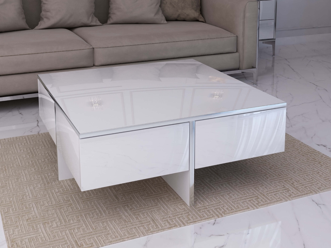 Table basse Monako 80cm Blanc brillant avec pattes en argent